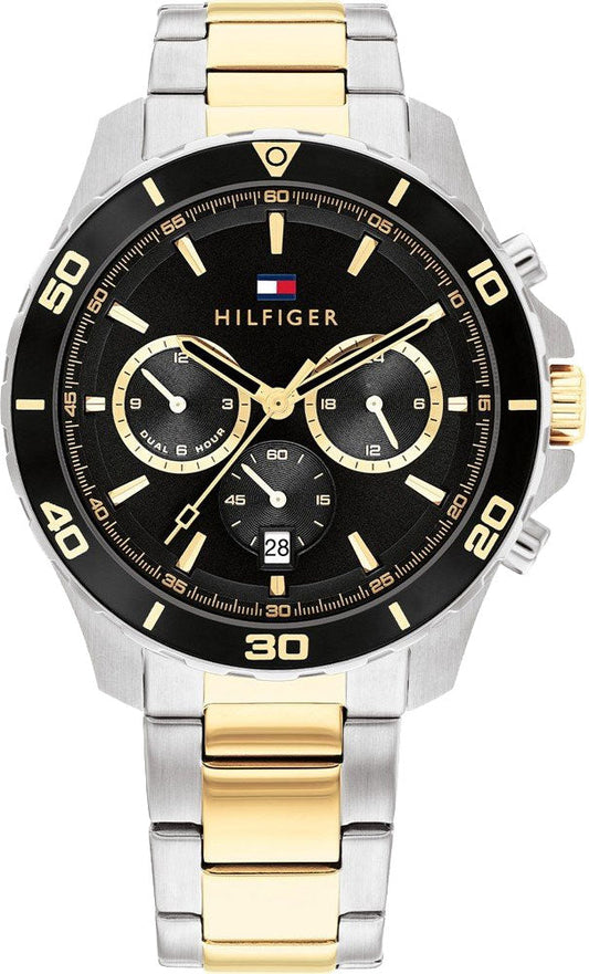 Tommy Hilfiger 1792095 two-tone steel chronograph watch with black dial and gold accents