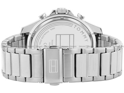 Case back of Tommy Hilfiger Clark watch with silver steel bracelet and buckle