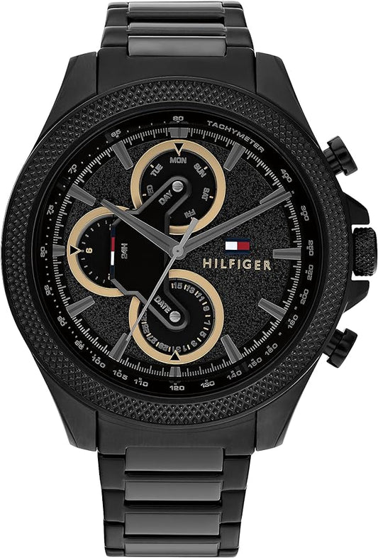 Tommy Hilfiger Damon black chronograph watch with gold subdials and black stainless steel band