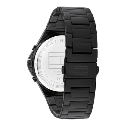 Tommy Hilfiger Justin watch caseback showing white dial and black steel bracelet