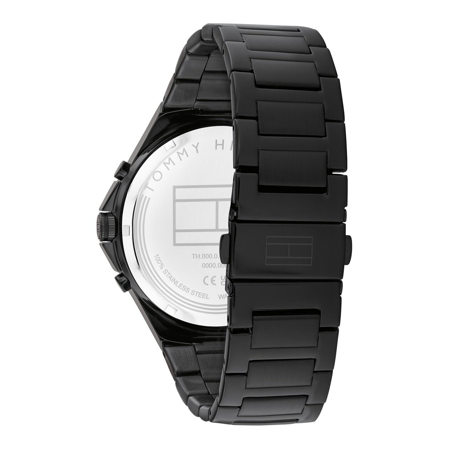 Tommy Hilfiger Justin watch caseback showing white dial and black steel bracelet