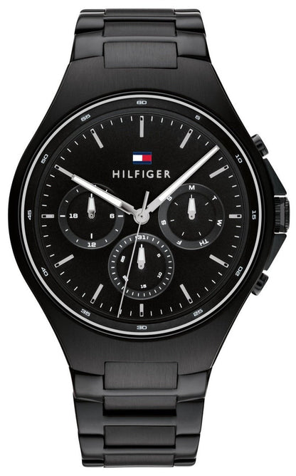 Tommy Hilfiger Justin black chronograph watch with black dial and steel bracelet