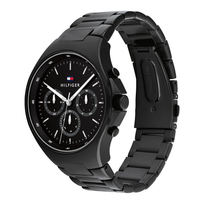 Tommy Hilfiger Justin watch side profile showing black steel bracelet and case