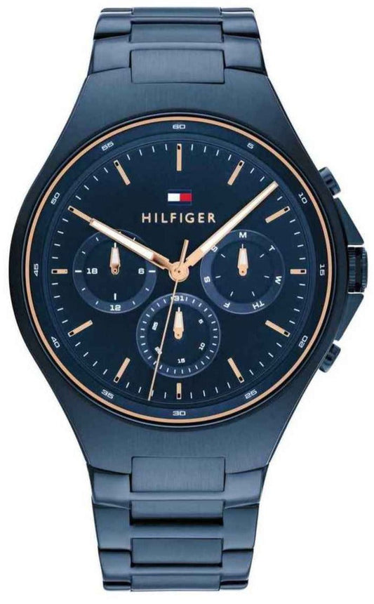 Tommy Hilfiger Justin blue chronograph watch with rose gold accents and steel bracelet