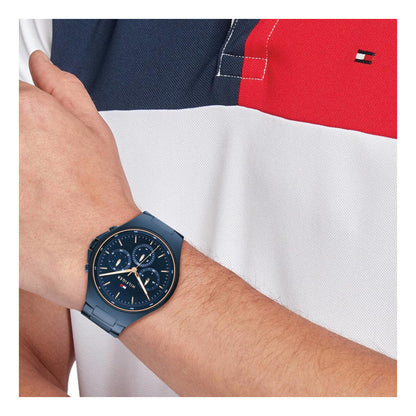 Tommy Hilfiger Justin blue chronograph watch worn on wrist