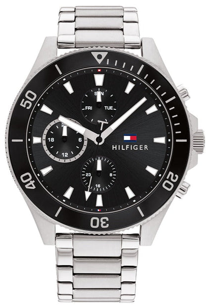 Tommy Hilfiger Larson men's watch with black dial, silver steel strap, and chronograph subdials