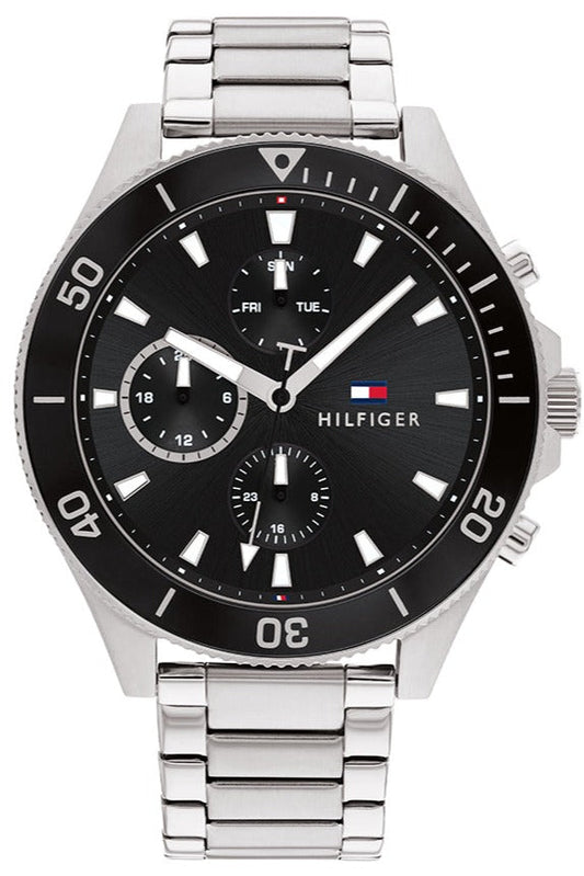 Tommy Hilfiger Larson men's watch with black dial, silver steel strap, and chronograph subdials