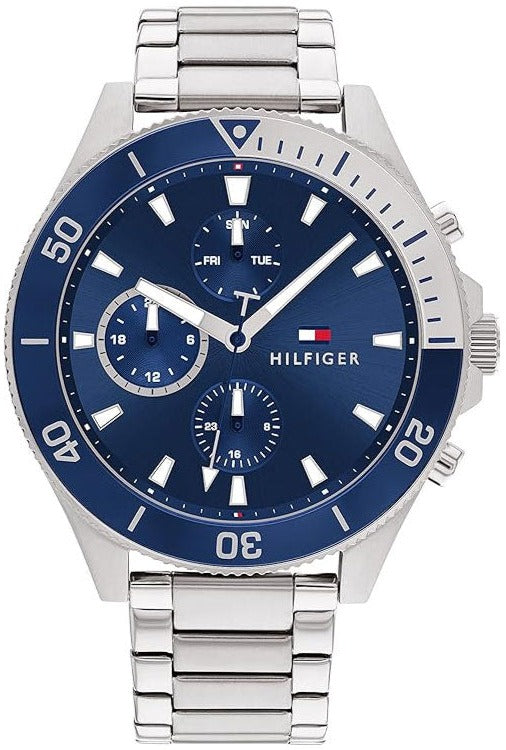 Tommy Hilfiger Larson chronograph watch with blue dial and silver steel bracelet