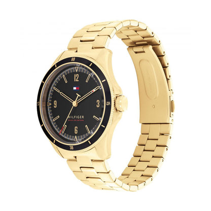 Tommy Hilfiger Maverick watch with gold-tone bracelet shown at angle