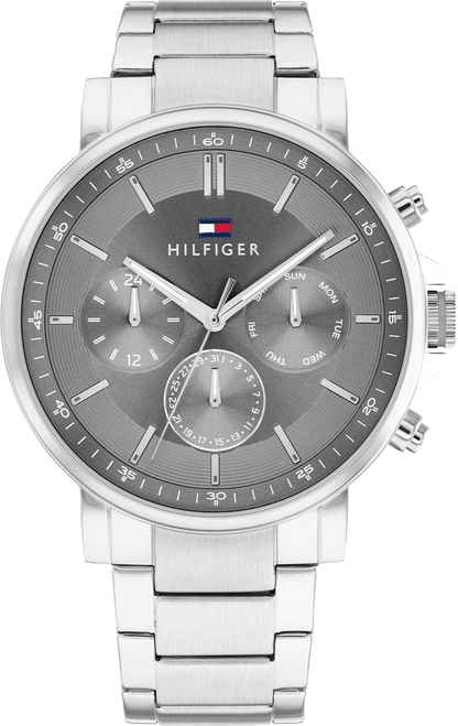 Tommy Hilfiger Tyson stainless steel chronograph watch with dark grey dial and silver bracelet