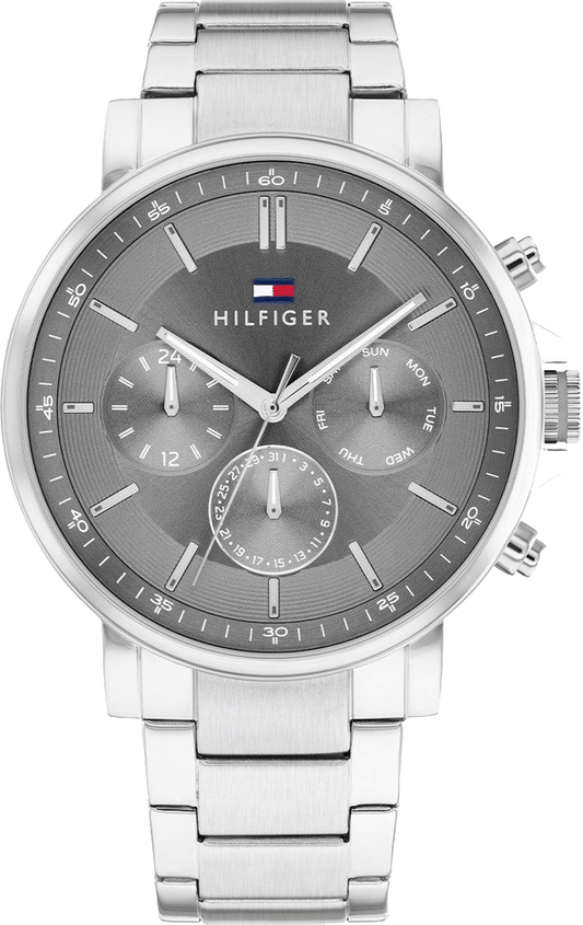 Tommy Hilfiger Tyson stainless steel chronograph watch with dark grey dial and silver bracelet