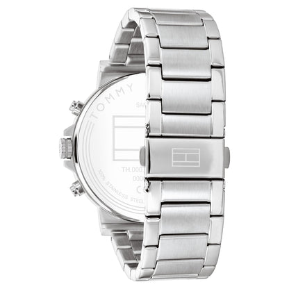Side profile view of Tommy Hilfiger Tyson watch with stainless steel bracelet and case