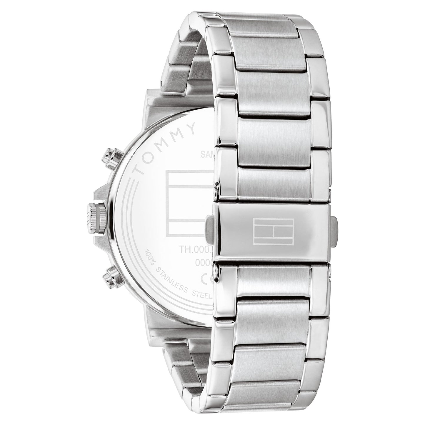 Side profile view of Tommy Hilfiger Tyson watch with stainless steel bracelet and case
