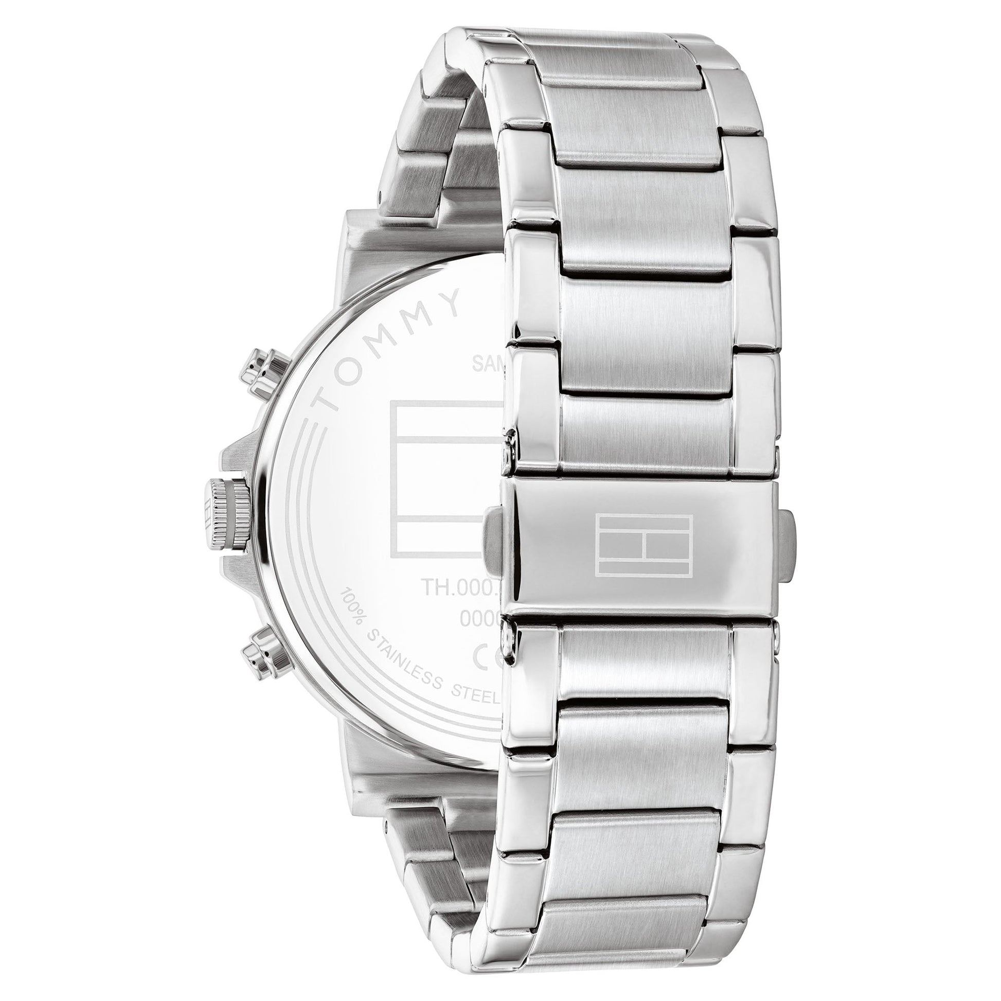 Side profile view of Tommy Hilfiger Tyson watch with stainless steel bracelet and case