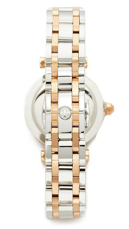 Back view of Tory Burch Classic T watch displaying case back and two-tone stainless steel bracelet