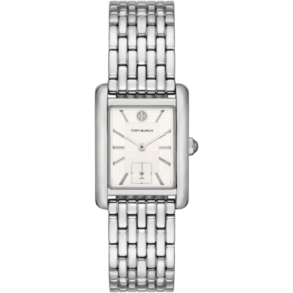 Tory Burch The Eleanor women's stainless steel bracelet watch with 25mm rectangular case and silver dial