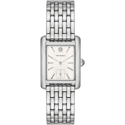 Tory Burch The Eleanor women's stainless steel bracelet watch with 25mm rectangular case and silver dial