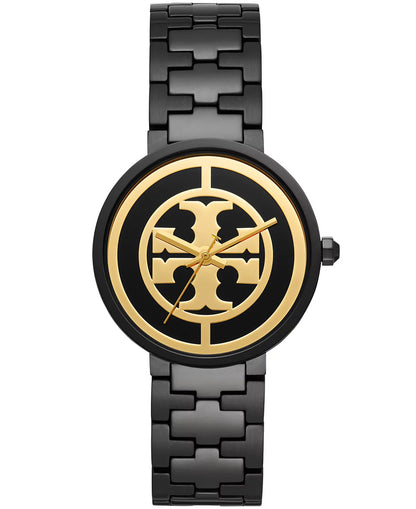 Tory Burch Reva women's watch with black case, gold logo dial, and black stainless steel bracelet