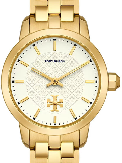 Tory Burch TBW1053 dial close-up with beige pattern and gold baton markers