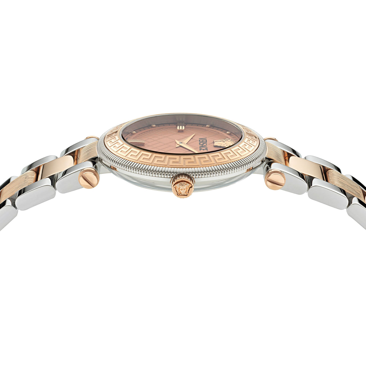 Angled view of Versace Reve watch displaying rose gold dial and two-tone bracelet