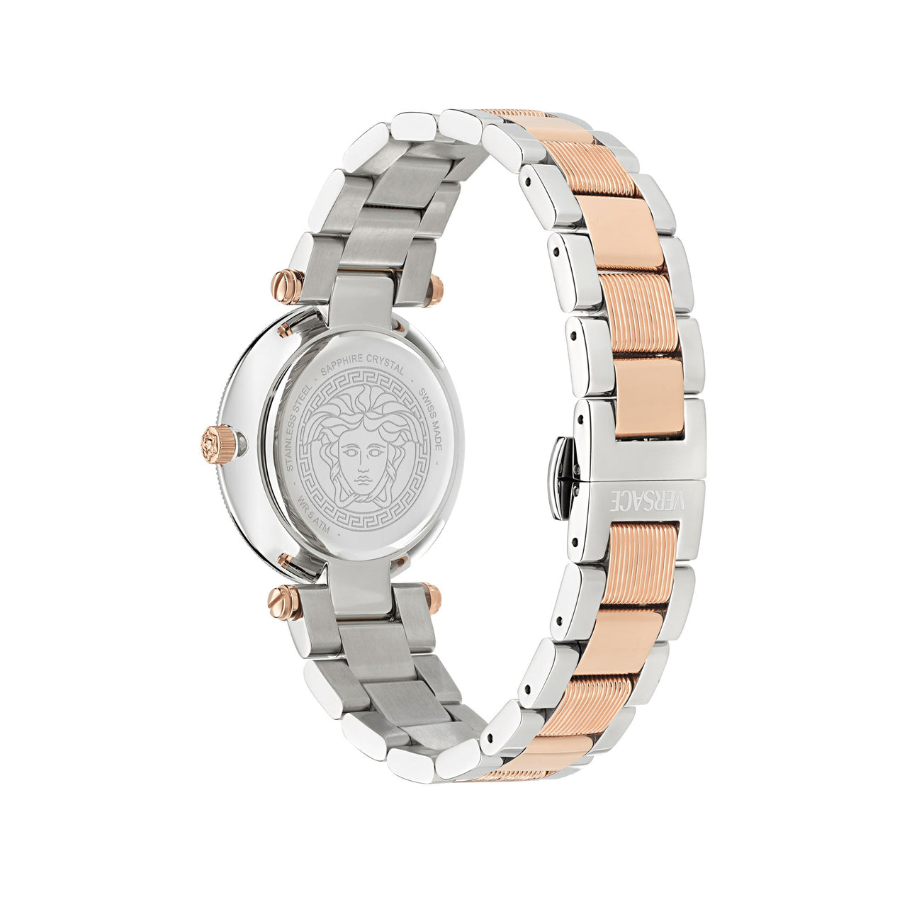 Side view of Versace Reve watch showing two-tone bracelet and case back with Medusa logo