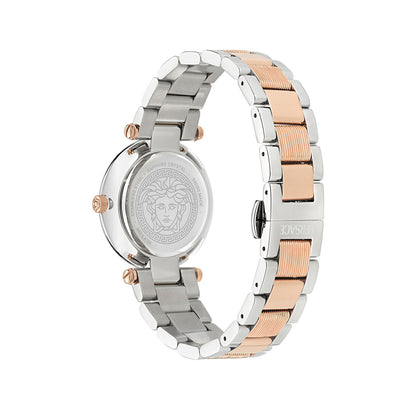 Side view of Versace Reve watch showing two-tone bracelet and case back with Medusa logo