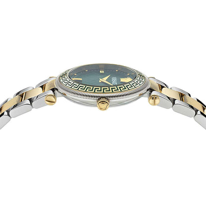 Angled view of Versace Reve Lady watch showing case and two-tone bracelet from above