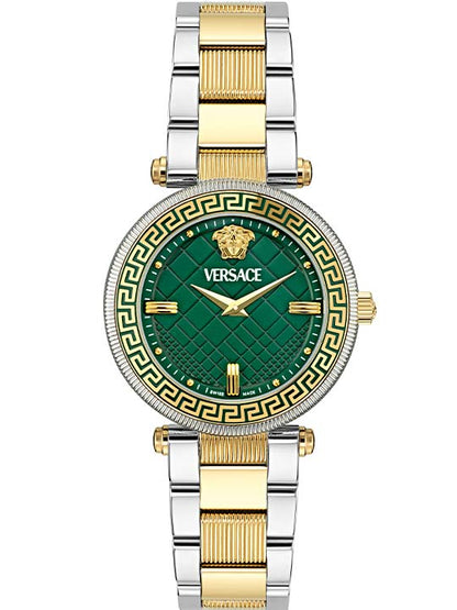 Versace Reve Lady watch with green quilted dial, two-tone bracelet, and Medusa logo