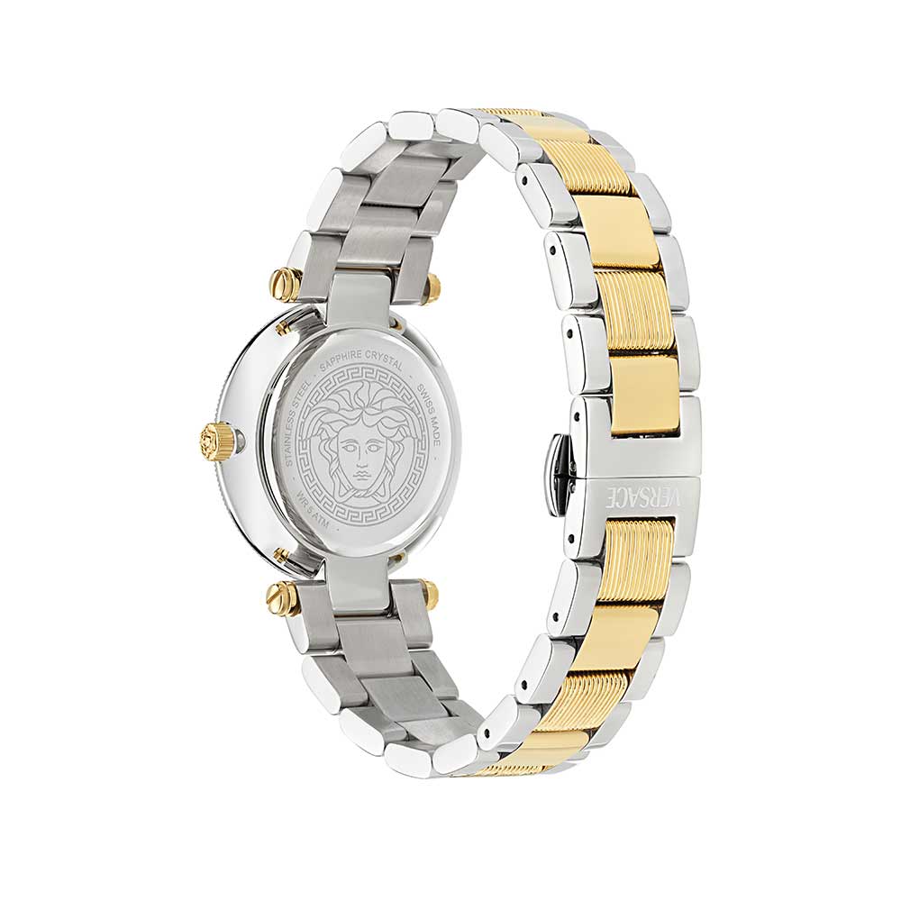 Side view of Versace Reve Lady two-tone bracelet with stainless steel and gold links