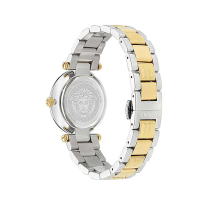 Side view of Versace Reve Lady two-tone bracelet with stainless steel and gold links