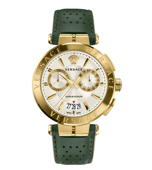 Versace Aion chronograph men's watch with gold case, white dial, and green perforated leather strap