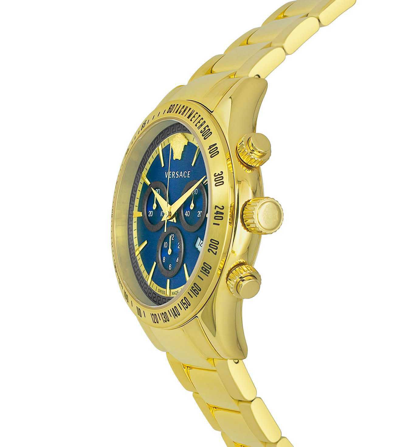 Side view of Versace Chronograph Classic showing gold-tone case profile and blue dial