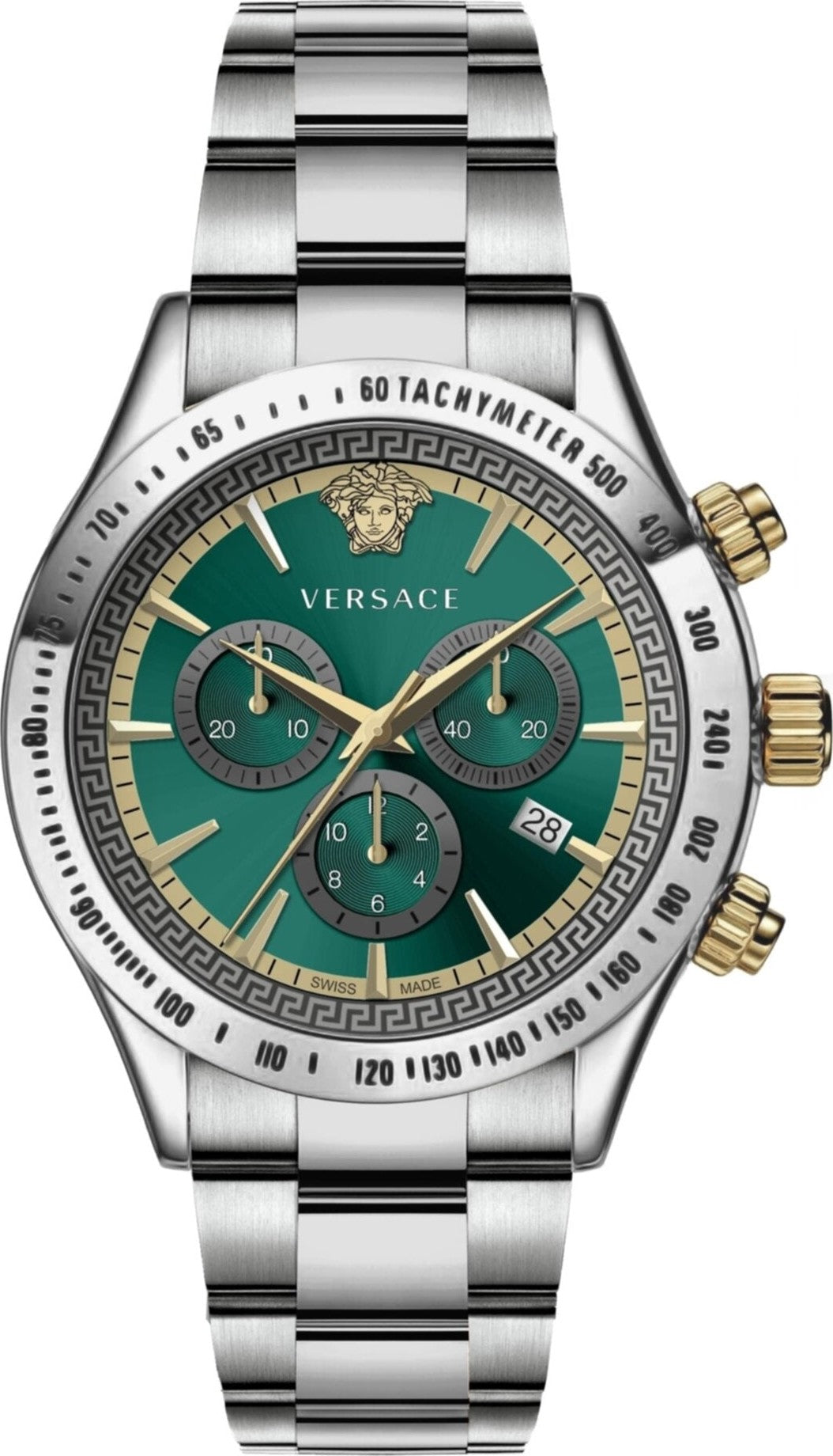 Versace Classic Chronograph men's watch with green dial, steel case, and gold-tone chronograph pushers