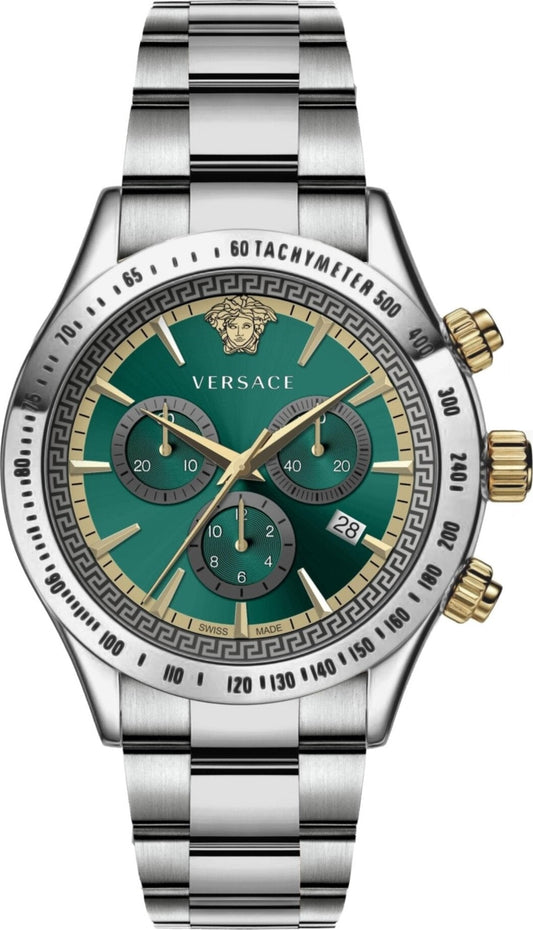Versace Classic Chronograph men's watch with green dial, steel case, and gold-tone chronograph pushers