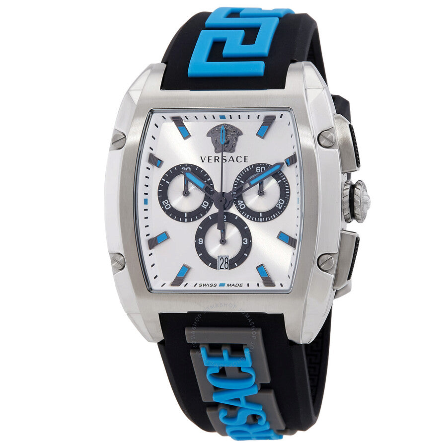 Versace Dominus chronograph watch with silver dial, blue subdials and blue rubber strap