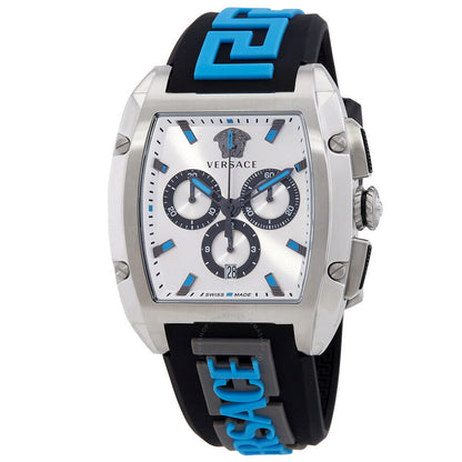 Versace Dominus chronograph watch with silver dial, blue subdials and blue rubber strap
