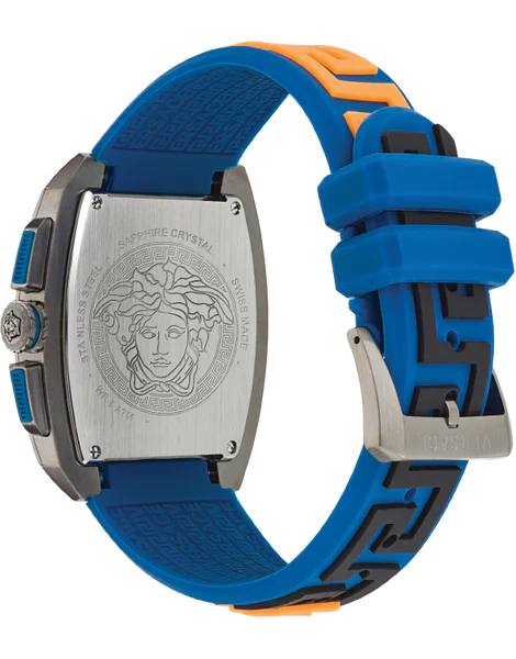Versace Dominus stainless steel caseback featuring Medusa head relief design and blue rubber strap