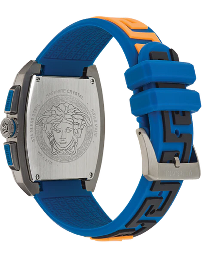 Versace Dominus stainless steel caseback featuring Medusa head relief design and blue rubber strap