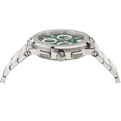 Versace Greca Logo Chrono Green Dial Silver Steel Strap Men's Watch - VEZ900121
