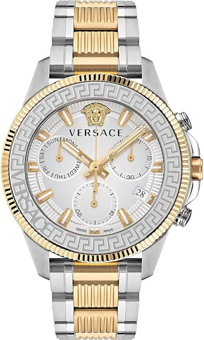 Versace Greca Action chronograph men's watch with two-tone steel and gold bracelet, white dial, and Medusa logo