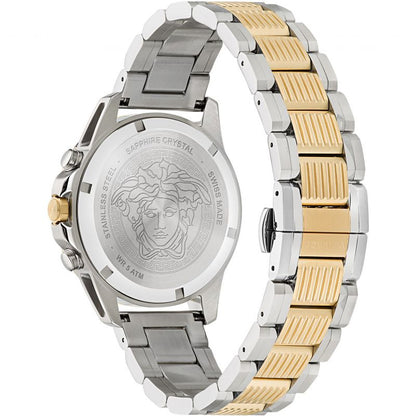 Versace Greca Action watch caseback featuring sapphire crystal and two-tone steel and gold bracelet