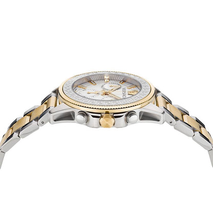 Angled side view of Versace Greca Action two-tone chronograph watch showing case profile and mixed metal bracelet