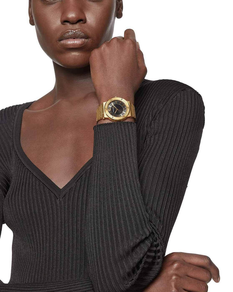 Versace Greca Black Dial Gold Steel Strap Women's Watch - VEVH00820