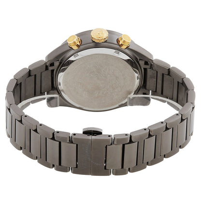 Caseback view of Versace Greca Dome Chronograph showing gunmetal steel case back and three-link steel bracelet