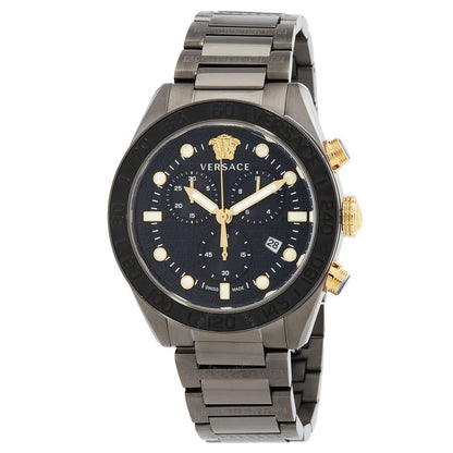 Versace Greca Dome Chronograph watch with black dial, gold Medusa head, gold hour markers, and gold chronograph pushers on gunmetal steel case