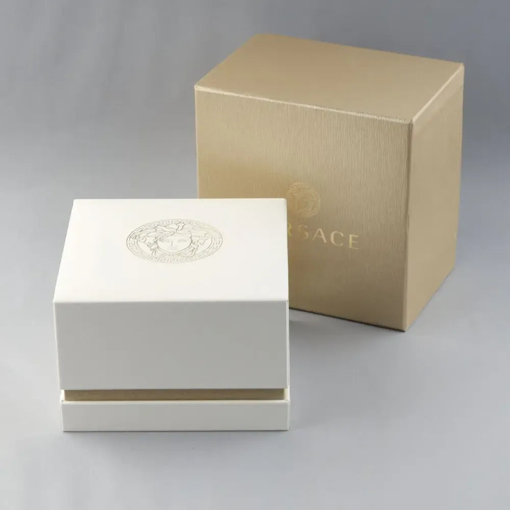 Versace Greca Dome watch presentation box with white interior box and gold Versace outer box