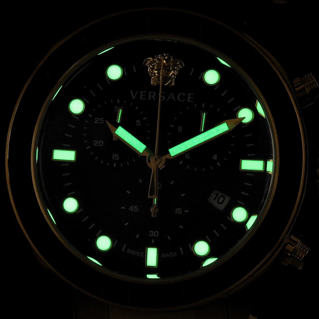 Versace Greca Dome dial with luminous hands and markers glowing in the dark