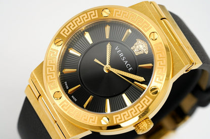 Versace Greca Gold Black Leather Women's Watch - VEVH00320