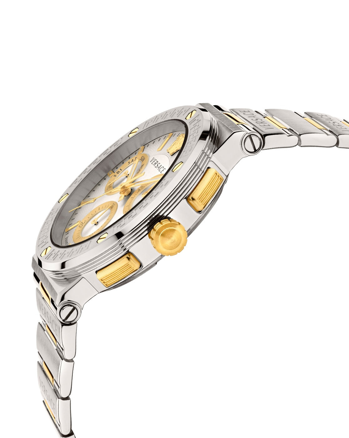Side angle view of Versace chronograph with silver dial, gold chronograph pushers, and mixed metal bracelet