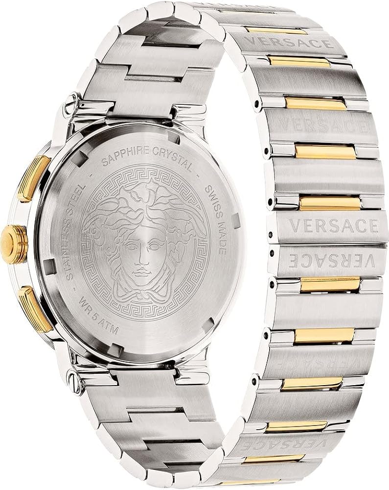 Versace Medusa caseback with Greca pattern and two-tone stainless steel bracelet detail